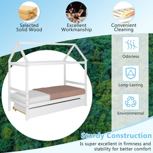 Kids Platform Bed Frame with Roof for Bedroom-White - Color: White D681-HU10292WH