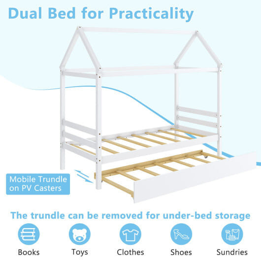 Kids Platform Bed Frame with Roof for Bedroom-White - Color: White D681-HU10292WH