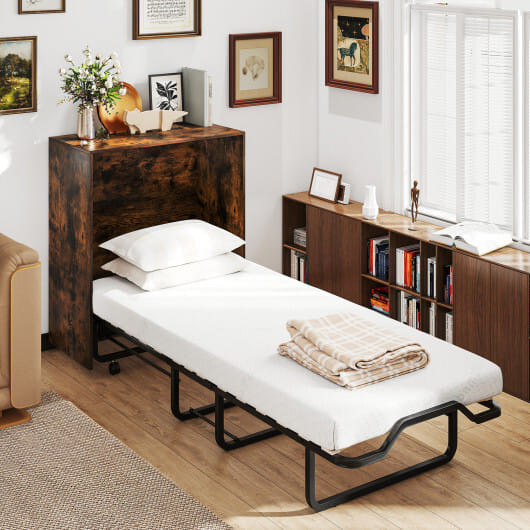 Cot Size Murphy Bed with Foldable Bed and Lockable Wheels-Rustic Brown B593-HU11021+