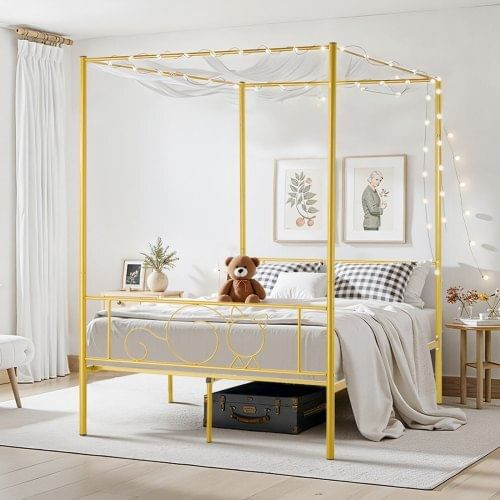 Full Size Canopy Bed Frame, Metal Canopy Bed with Minimalist Headboard & Four Posters Design, Heavy E415-HGCJSYGFULLJVU2HR001V0