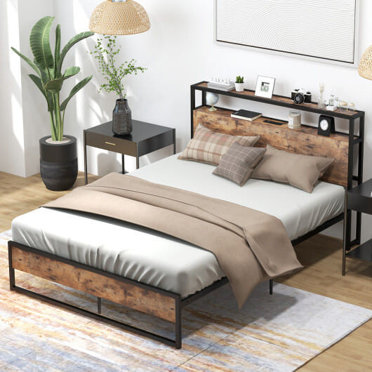 Full/Queen Bed Frame with 2-Tier Storage Headboard and Charging Station-Full Size - Color: Rustic B D681-HU10474-F