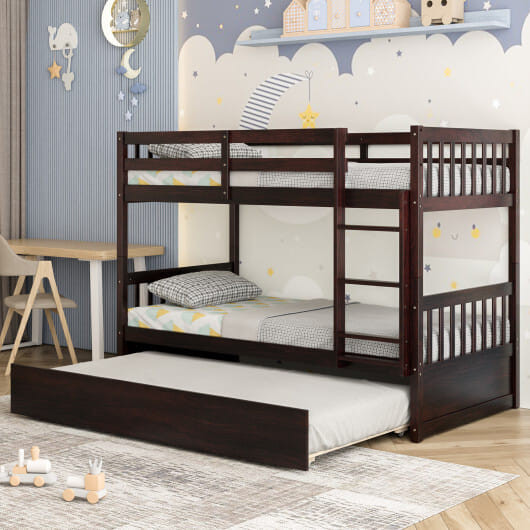 Twin Over Twin Bunk Bed with Pull-out Trundle and Ladder-Espresso - Color: Espresso - Size: Twin Si D681-HU10398ES+