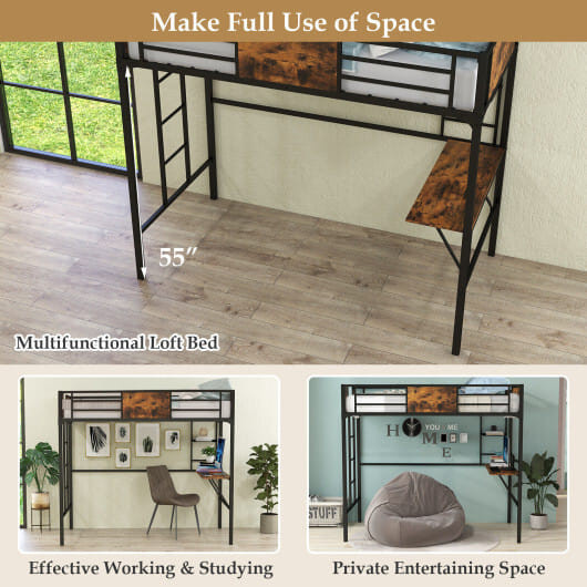 Twin Size Industrial Metal Loft Bed with Desk Storage Shelf and Build-in Ladder-Twin Size B593-HU10522CF