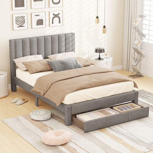 Queen Size Bed Frame with Storage Drawer and Vertical Channel Headboard-Gray - Color: Gray - Size:  D681-HU11285LR-Q