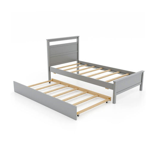 Twin Size Wooden Bed Frame with Trundle for Teens and Adults-Gray - Color: Gray - Size: Twin Size D681-HU10866GY