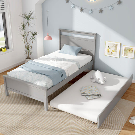 Twin Size Wooden Bed Frame with Trundle for Teens and Adults-Gray - Color: Gray - Size: Twin Size D681-HU10866GY