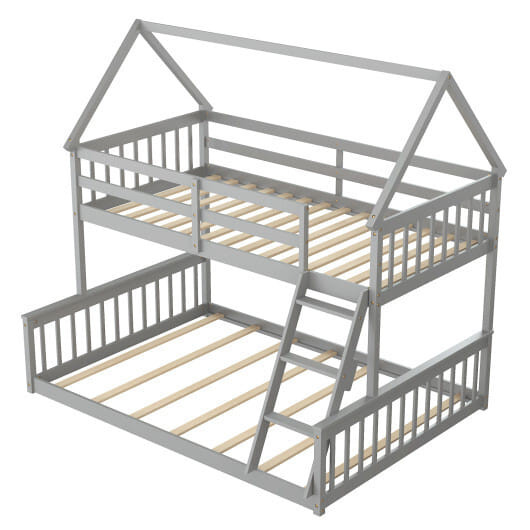 Twin Over Full House Bunk Bed with Ladder and Guardrails-Gray - Color: Gray D681-HU10394GY+