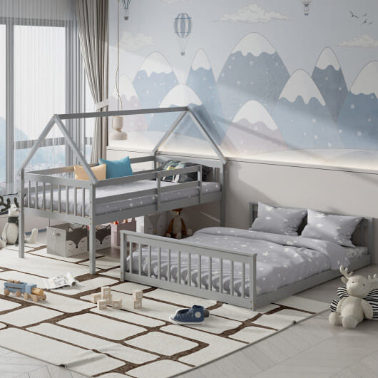 Twin Over Full House Bunk Bed with Ladder and Guardrails-Gray - Color: Gray D681-HU10394GY+