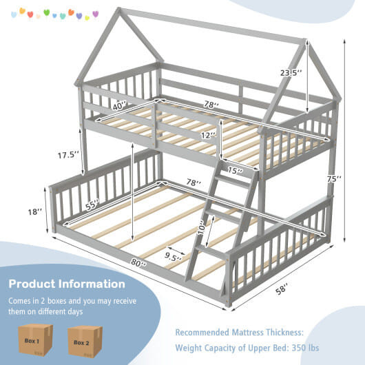 Twin Over Full House Bunk Bed with Ladder and Guardrails-Gray - Color: Gray D681-HU10394GY+