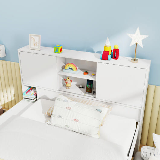 Twin Size Bed Frame with Trundle and Power Outlets-White - Color: White D681-HU11060WH+