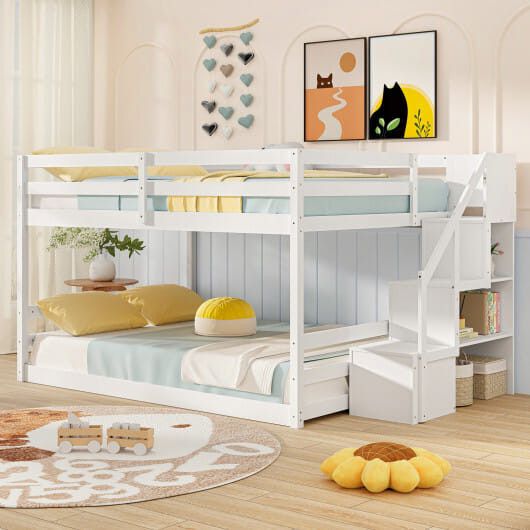 Solid Wood Full Over Full Low Bunk Bed with Storage Stairs-White - Color: White D681-HU10920WH+