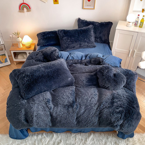 Pattern: Sapphire Blue, Size Specification: 1.5M Fitted Sheet - Mink Fur Fabric Long Wool Thickened Q119-CJCS253803207GT