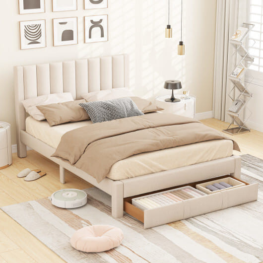Queen Size Bed Frame with Storage Drawer and Vertical Channel Headboard-Beige - Color: Beige - Size D681-HU11285BE-Q
