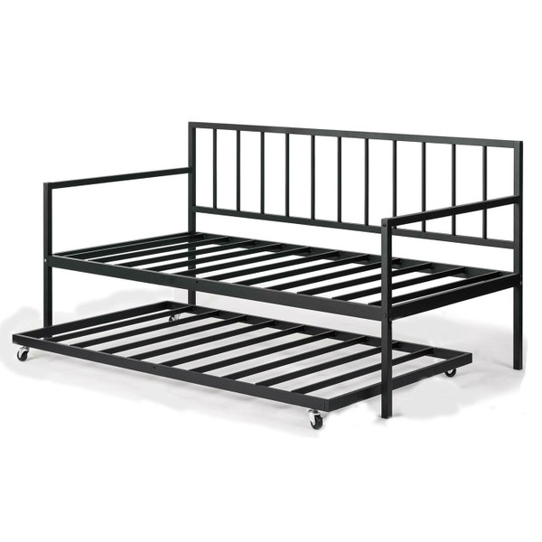Twin size Heavy Duty Metal Daybed with Roll-Out Trundle Bed Q280-NZTMDBWT45693821