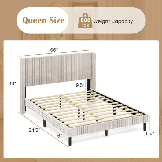 Queen Size Velvet Bed Frame with Vertical Channel Tufted Wingback Headboard-White B593-HU11138