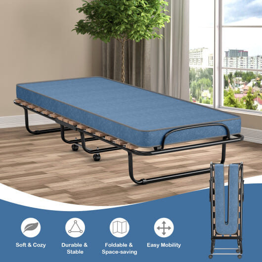 Portable Folding Bed with Memory Foam Mattress and Sturdy Metal Frame Made in Italy-Navy B593-HW69423