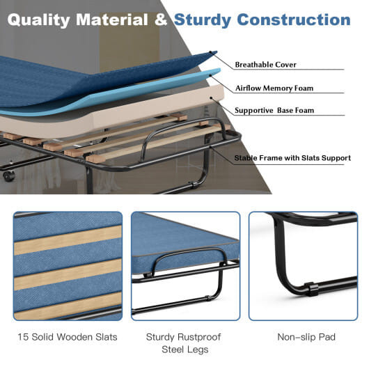 Portable Folding Bed with Memory Foam Mattress and Sturdy Metal Frame Made in Italy-Navy B593-HW69423