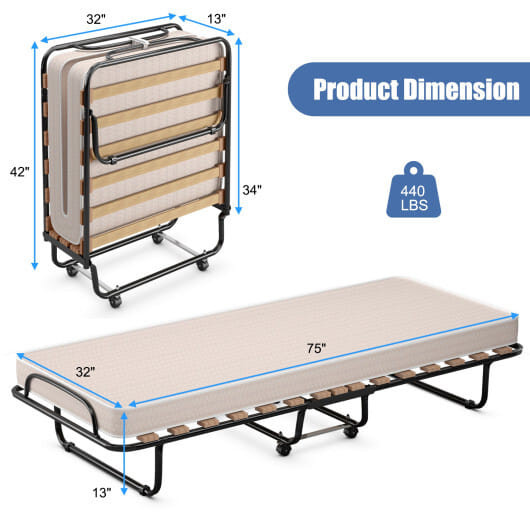 Portable Folding Bed with Memory Foam Mattress and Sturdy Metal Frame Made in Italy-Navy B593-HW69423