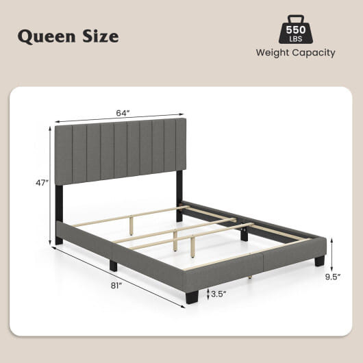 Queen Size Upholstered Bed Frame with Vertical Channel Tufted Headboard Gray B593-HU10565GR