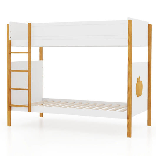 Twin Over Twin Bunk Bed with Integrated Ladder and Safety Guardrails-Twin Size - Color: White - Siz D681-HU10687WHT+