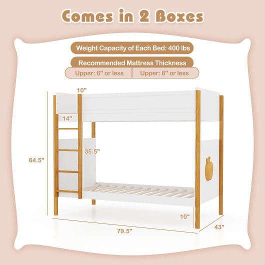 Twin Over Twin Bunk Bed with Integrated Ladder and Safety Guardrails-Twin Size - Color: White - Siz D681-HU10687WHT+