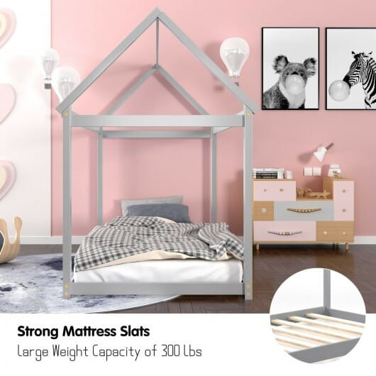 Stable Kids Platform Floor Bed with Roof and Heavy-Duty Slats-Gray - Color: Gray D681-HU10054GY