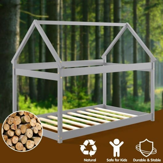 Stable Kids Platform Floor Bed with Roof and Heavy-Duty Slats-Gray - Color: Gray D681-HU10054GY