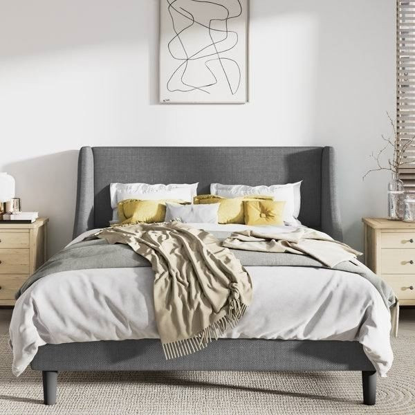 Queen Size Grey Linen Blend Upholstered Platform Bed with Wingback Headboard Q280-GRQU22698