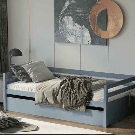 Twin Size Trundle Platform Bed Frame with  Wooden Slat Support-Gray - Color: Gray D681-HW64316GY