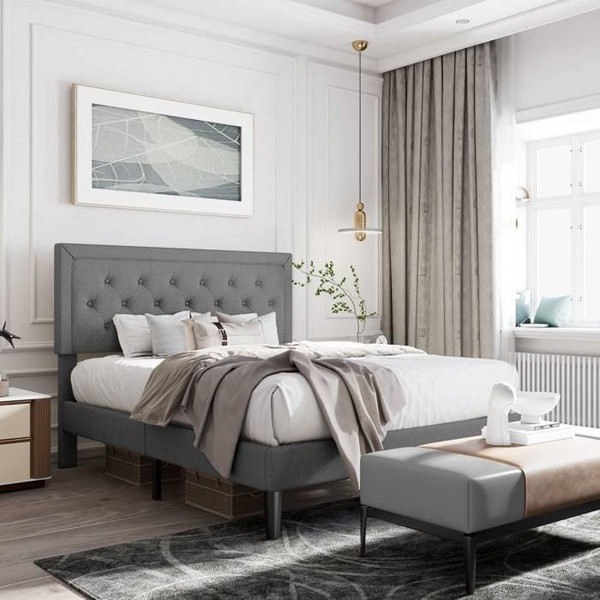 King Size Dark Grey Linen Upholstered Platform Bed with Button-Tufted Headboard Q280-KIDG2799