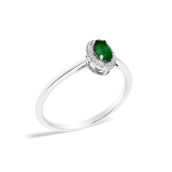 10K White Gold 5X3MM Oval Green Emerald and Diamond Accent Halo Ring (I-J Color, I1-I2 Clarity) - R N162-024488R600