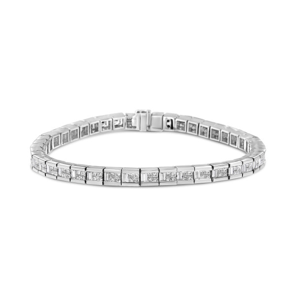14K White Gold 4 3/8 Cttw Alternating Invisible Set Princess and Baguette Diamond Tennis Bracelet ( N162-64-7023WDM