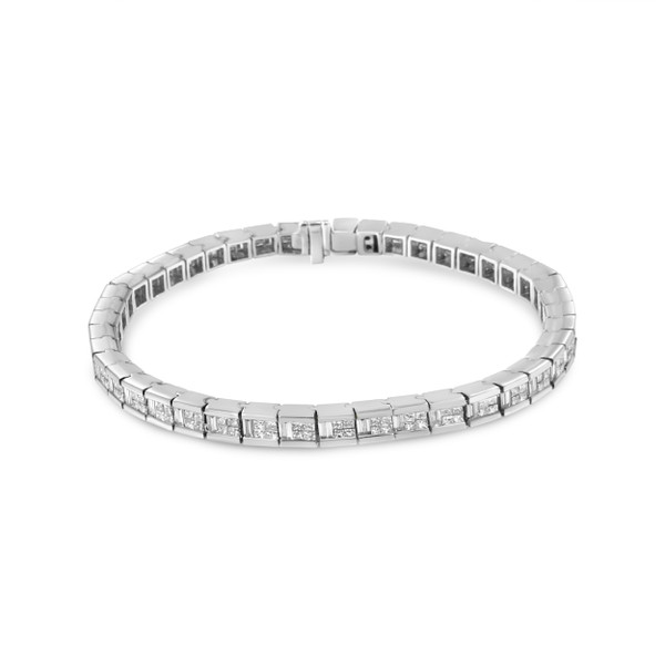14K White Gold 4 3/8 Cttw Alternating Invisible Set Princess and Baguette Diamond Tennis Bracelet ( N162-64-7023WDM