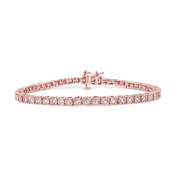 10K Rose Gold Plated .925 Sterling Silver 1.0 Cttw Miracle-Set Diamond Round Faceted Bezel Tennis B N162-021156B500