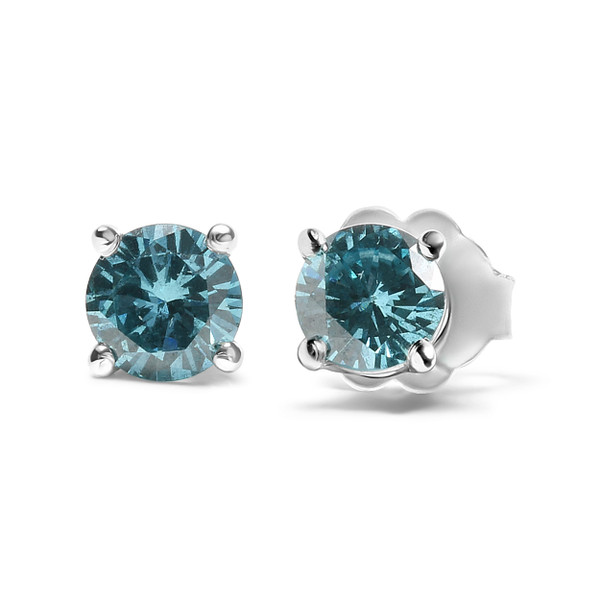 14K White Gold 1/2 Cttw Aqua Blue Diamond Screw-Back 4-Prong Classic Stud Earrings (Color Treated,  N162-74-6008WAD