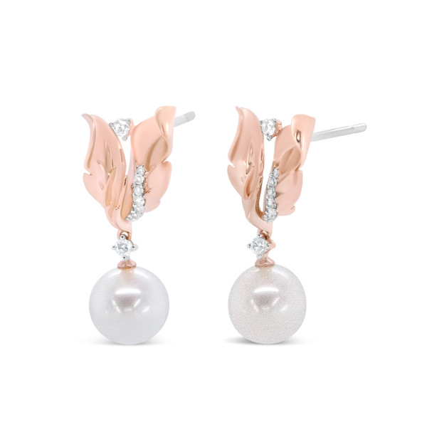14K Rose Gold 1/6 Cttw Round Diamond and 8mm Round Pearl Floral Drop Stud Earrings (H-I Color, I1-I N162-019899EASH