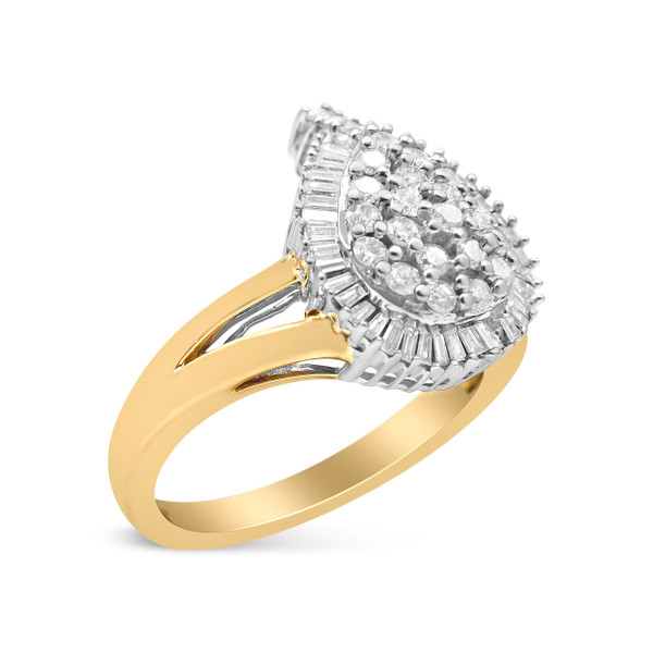 14K Yellow and White Gold 1.00 Cttw Round and Baguette-Cut Diamond Ballerina Cocktail Ring (H-I Col N162-14-2218TDM
