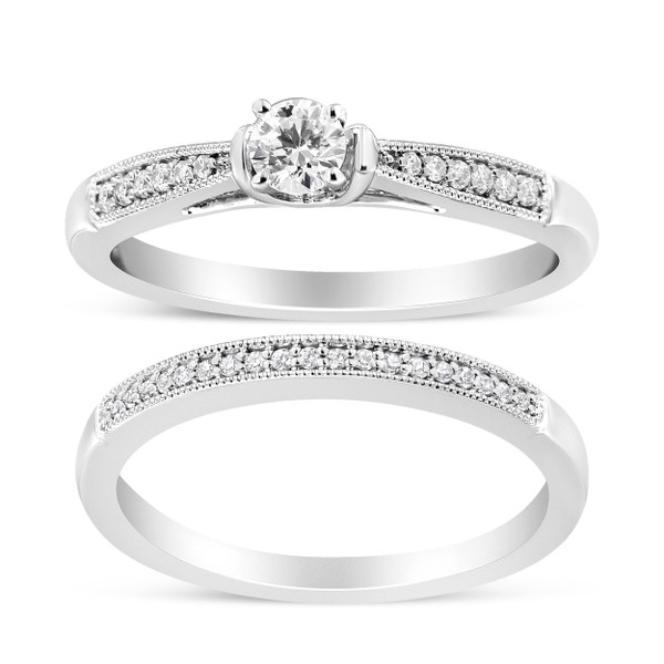 .925 Sterling Silver 1/3 Cttw Diamond Classic Engagement Ring Bridal Set with Milgrain (I-J Color,  N162-022875R100