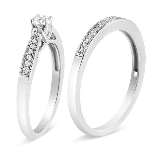 .925 Sterling Silver 1/3 Cttw Diamond Classic Engagement Ring Bridal Set with Milgrain (I-J Color,  N162-022875R100