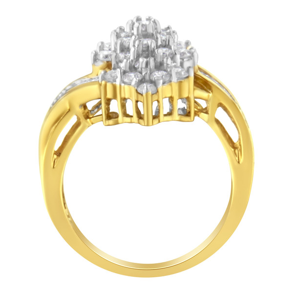 10K Yellow Gold Round And Baguette Cut Diamond Cluster Ring (1 1/10 Cttw, H-I Color, SI2-I1 Clarity N162-015825R800