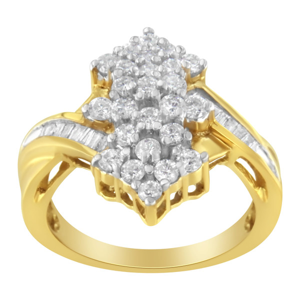 10K Yellow Gold Round And Baguette Cut Diamond Cluster Ring (1 1/10 Cttw, H-I Color, SI2-I1 Clarity N162-015825R800