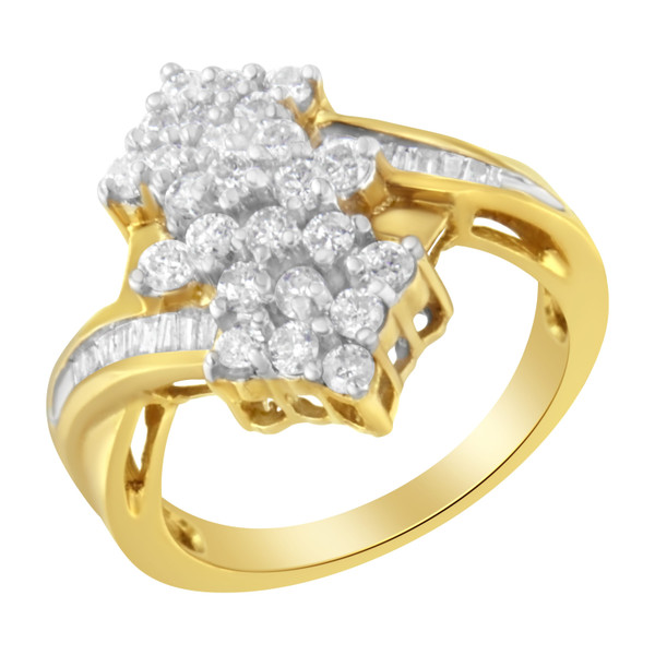 10K Yellow Gold Round And Baguette Cut Diamond Cluster Ring (1 1/10 Cttw, H-I Color, SI2-I1 Clarity N162-015825R800