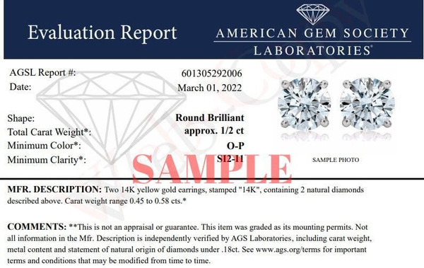 AGS Certified 14K Yellow Gold 1/2 Cttw 4 Prong Set Brilliant Round-Cut Solitaire Diamond Push Back  N162-019876EAGS