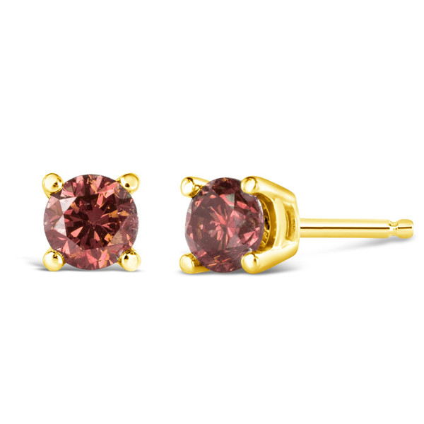 14K Yellow Gold 1/3 Cttw 4-Prong Set Round Brilliant-Cut Pink Diamond Solitaire Stud Earrings (Trea N162-74-3428YPD