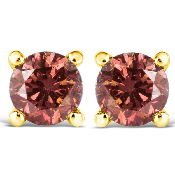 14K Yellow Gold 1/3 Cttw 4-Prong Set Round Brilliant-Cut Pink Diamond Solitaire Stud Earrings (Trea N162-74-3428YPD