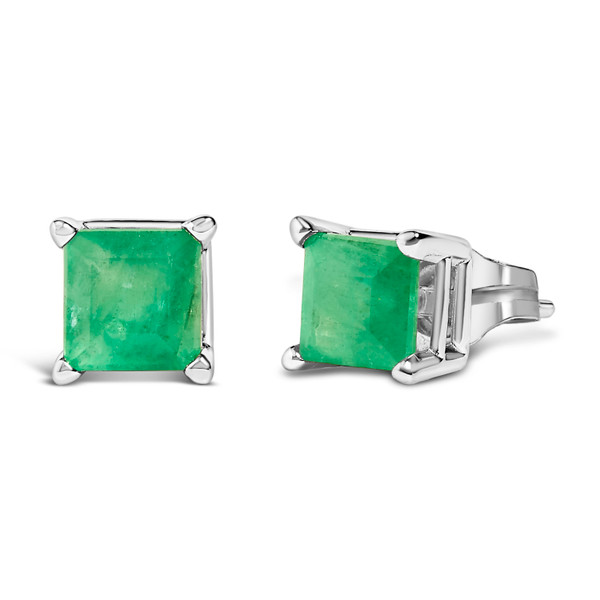 14K White Gold 5x5MM Princess Cut Green Emerald Solitaire Stud Earrings N162-023642ES19