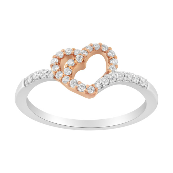 10K Rose Gold over .925 Sterling Silver 1/5 Cttw Diamond Two Tone Open Heart Promise or Fashion Rin N162-016468R650