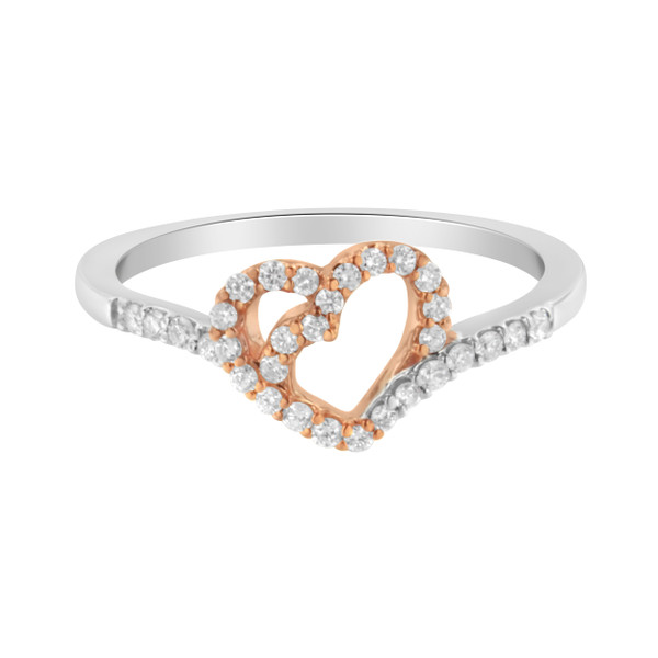 10K Rose Gold over .925 Sterling Silver 1/5 Cttw Diamond Two Tone Open Heart Promise or Fashion Rin N162-016468R650