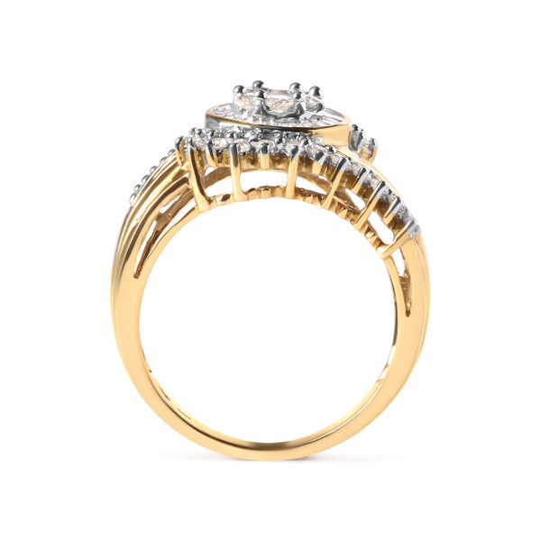 10K Yellow Gold 1 Cttw Round and Baguette cut Diamond Cluster Swirl Band Ring (H-I Color, I1-I2 Cla N162-11-2309YDM