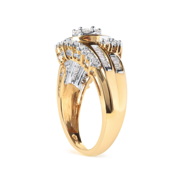 10K Yellow Gold 1 Cttw Round and Baguette cut Diamond Cluster Swirl Band Ring (H-I Color, I1-I2 Cla N162-11-2309YDM